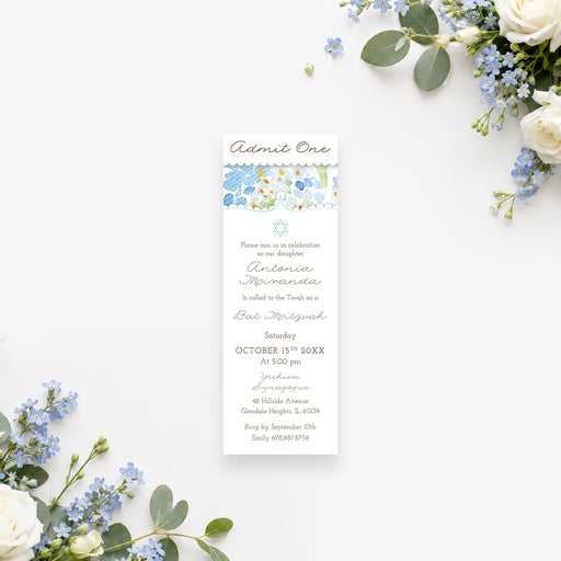 Personalized floral Bat Mitzvah ticket invitation with Star of David, blue watercolor flowers, and custom ceremony details