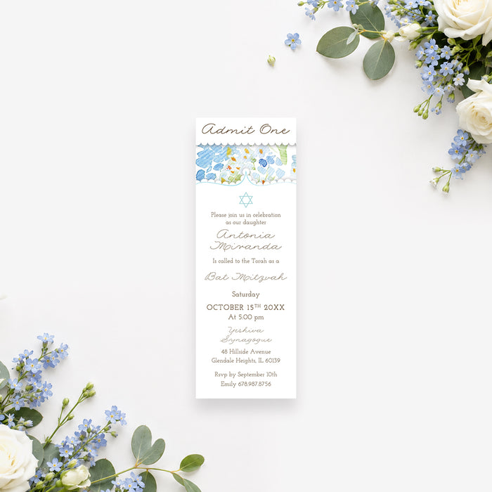 Personalized floral Bat Mitzvah ticket invitation with Star of David, blue watercolor flowers, and custom ceremony details