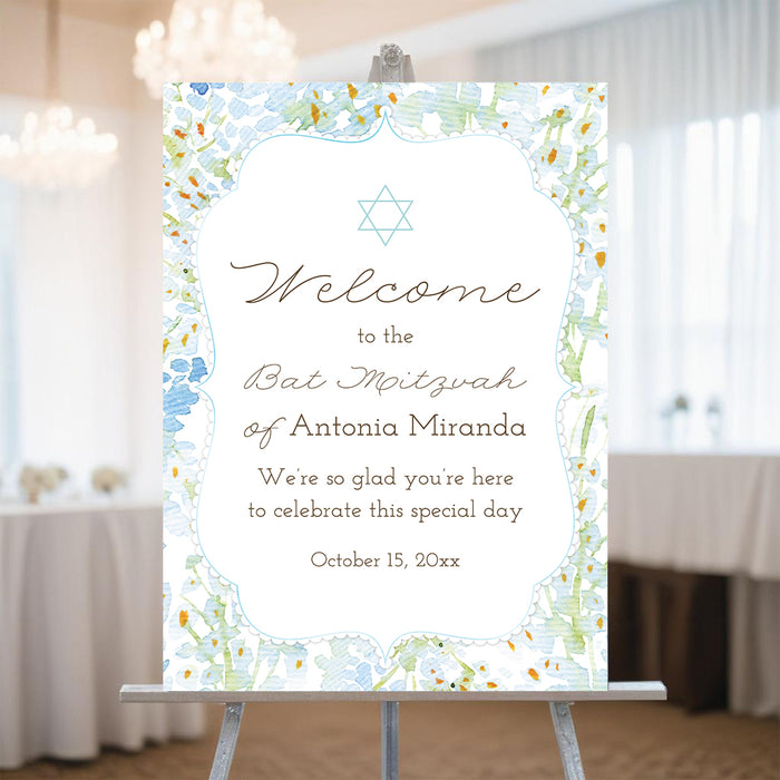 Personalized floral Bat Mitzvah welcome sign with Star of David, blue and green watercolor flowers, custom name, and date
