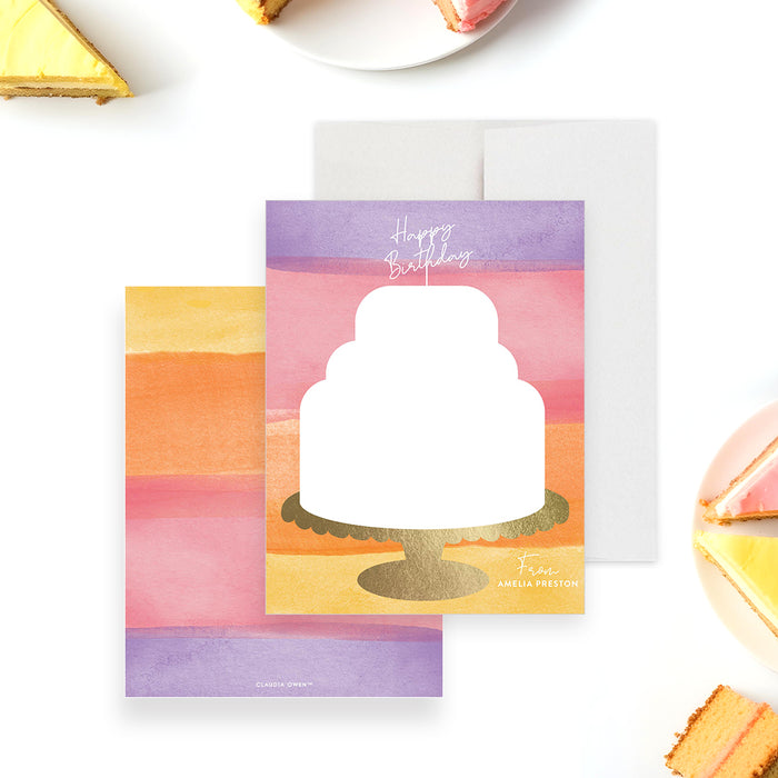 Kids birthday thank you card featuring a watercolor cake illustration on a gold stand with colorful layered background and personalized name-front-back