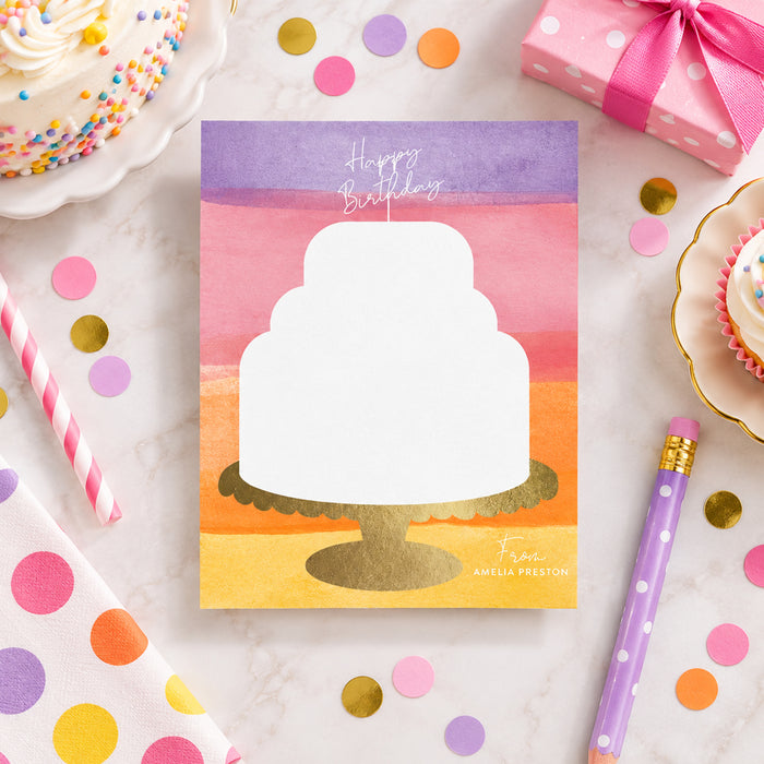 Kids birthday thank you card featuring a watercolor cake illustration on a gold stand with colorful layered background and personalized name-front