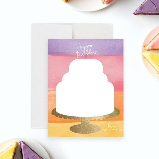 Kids birthday thank you card featuring a watercolor cake illustration on a gold stand with colorful layered background and personalized name-front