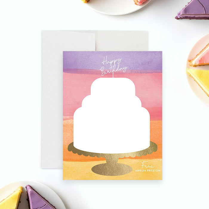 Kids birthday thank you card featuring a watercolor cake illustration on a gold stand with colorful layered background and personalized name-front