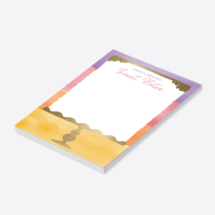 Personalized sweet notes notepad with a pastel watercolor background and a gold cake stand design-side
