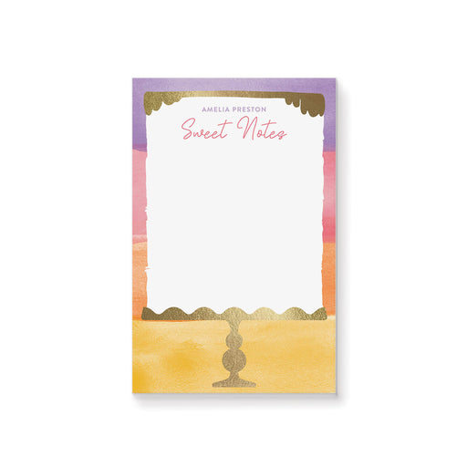 Personalized sweet notes notepad with a pastel watercolor background and a gold cake stand design