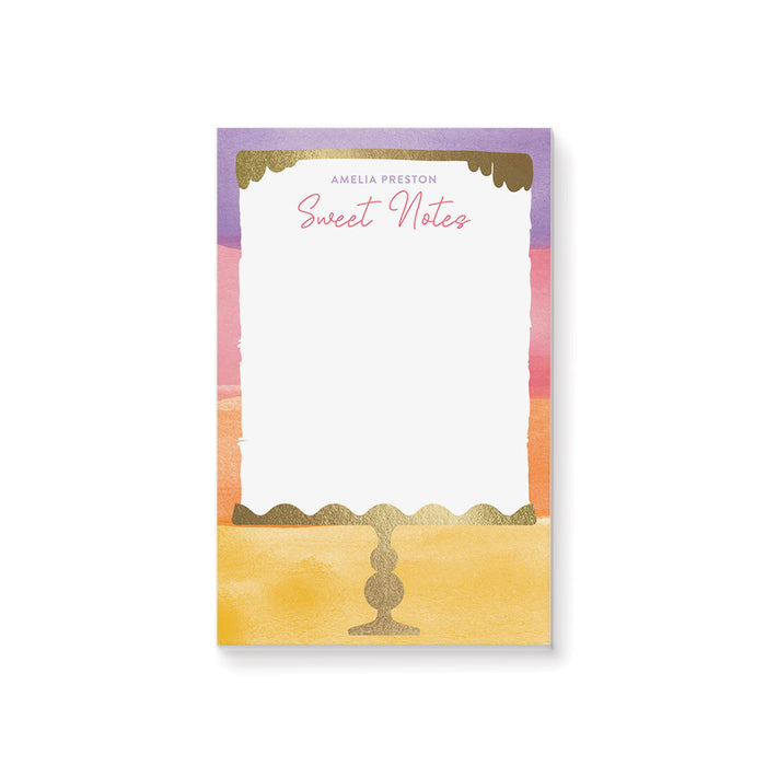 Personalized sweet notes notepad with a pastel watercolor background and a gold cake stand design