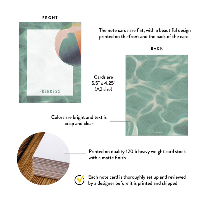 Front and back of watercolor pool party thank you cards showing A2 dimensions and matte cardstock details.
