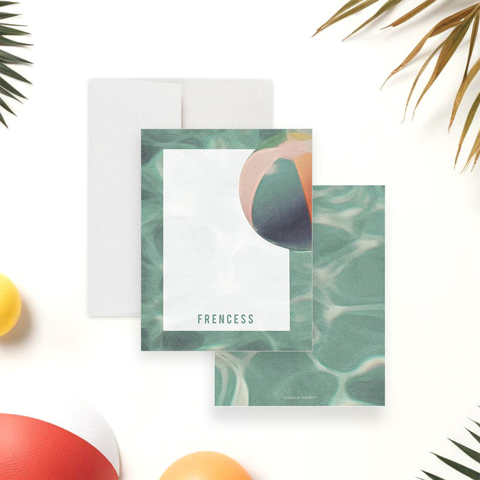 Personalized pool party note cards with a beach ball beside the white writing panel and a green watercolor pool pattern on the reverse.