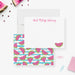 Personalized watermelon note card front and back, with a pink script name, watermelon slices and teal and white stripes.