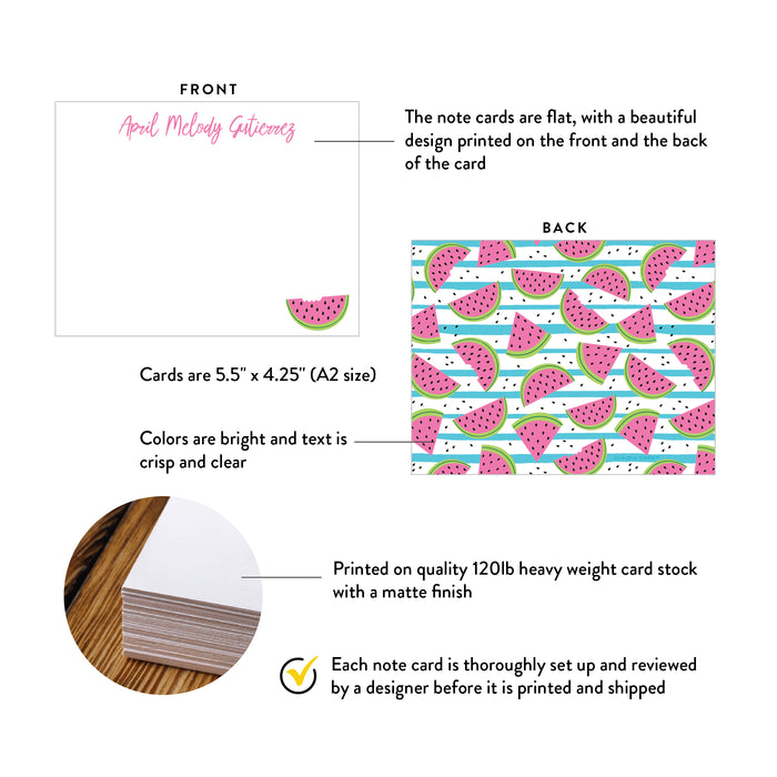 A2 note card specifications: 5.5 × 4.25 inches, double-sided printing and heavyweight 120 lb matte cardstock.