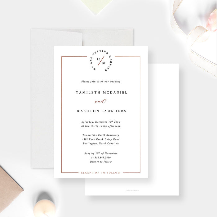 Chic Wedding Invitation Card in Classic White and Copper, Minimalist Invites for Wedding Anniversary Celebration