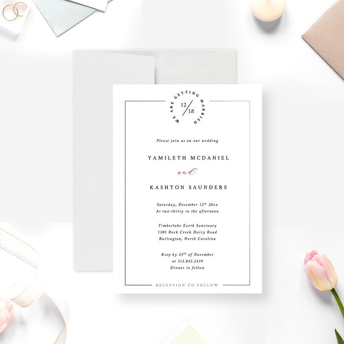 Chic Wedding Invitation Card in Classic White and Copper, Minimalist Invites for Wedding Anniversary Celebration