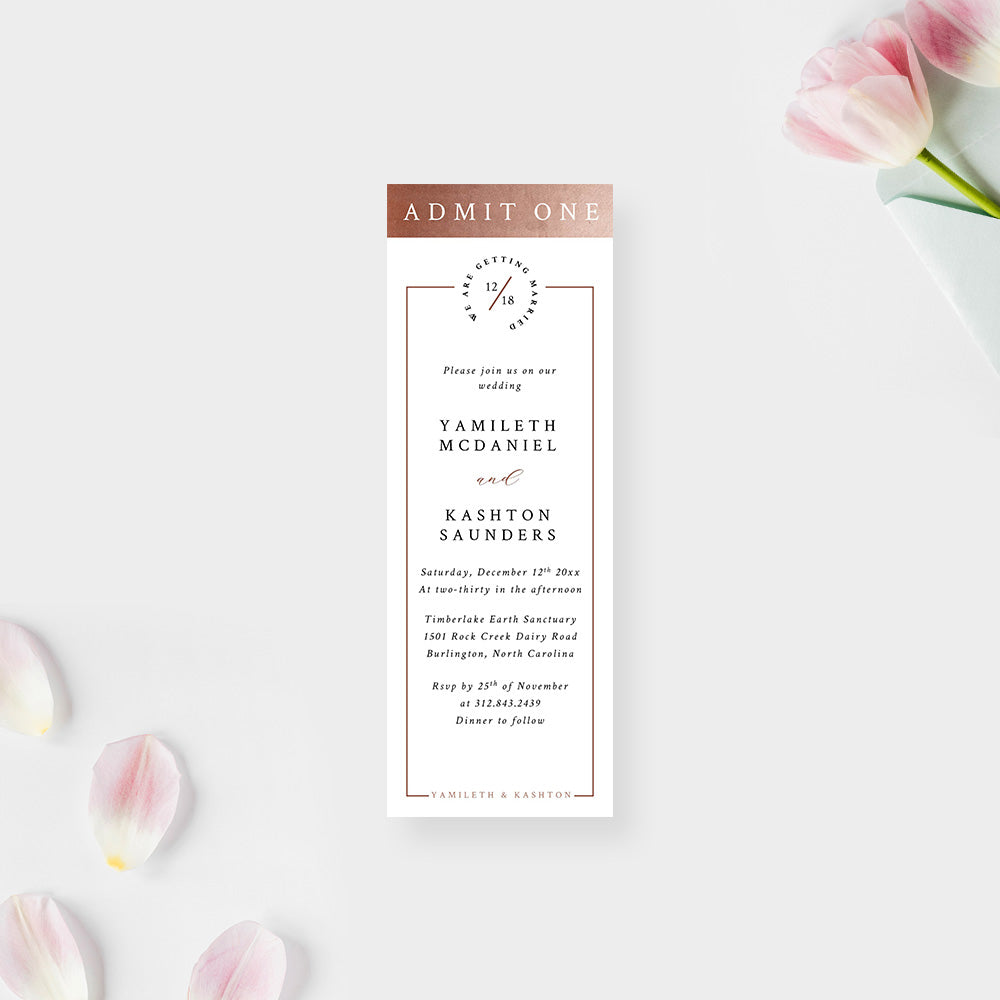 Elegant Wedding Admission Ticket in Copper and Classic White Design, M