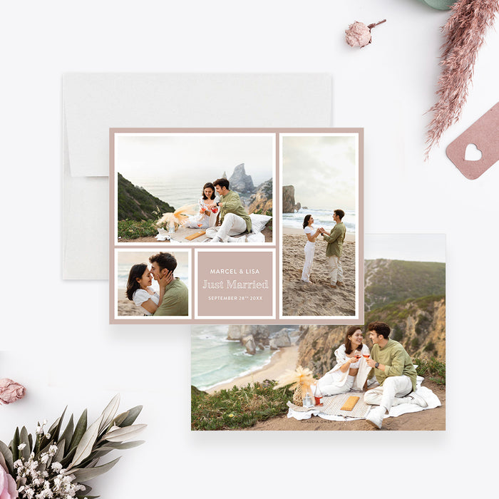 Pastel Pink Wedding Announcement Card with Romantic Couple Photos, Just Married Wedding Announcement Card, Wedding Photo Collage Stationery Card