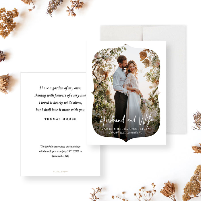 Just married photo wedding announcement card with couple portrait and elegant design-front-back