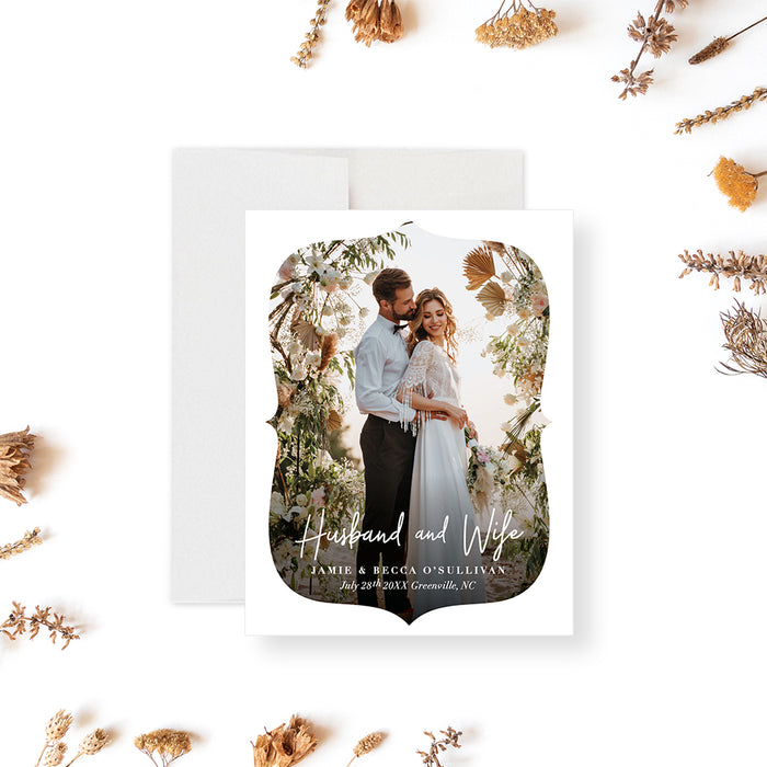 Just married photo wedding announcement card with couple portrait and elegant design-front