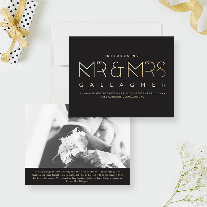 Personalized Mr. and Mrs. wedding announcement card with black and gold design and photo for newlyweds-front-back