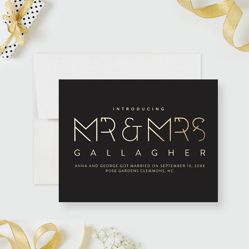 Personalized Mr. and Mrs. wedding announcement card with black and gold design and photo for newlyweds-front