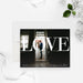 wedding announcement photo card with custom couple photo, large Love lettering, and personalized marriage details-front