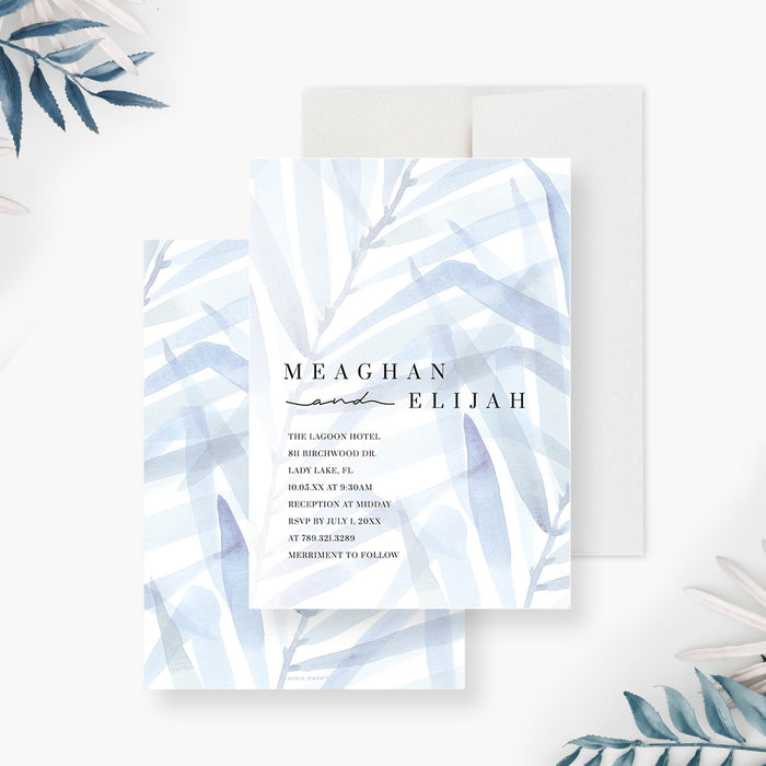 Wedding Invitation with Dusty Blue Foliage, Soft Hues Nature Wedding Invitations with Watercolor Leaves, Serene Tropical Wedding Invites