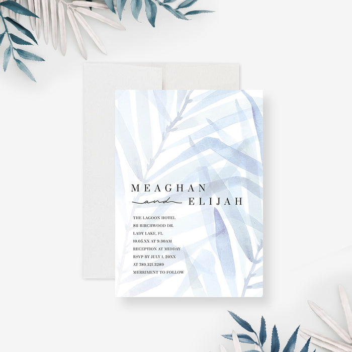 Wedding Invitation with Dusty Blue Foliage, Soft Hues Nature Wedding Invitations with Watercolor Leaves, Serene Tropical Wedding Invites