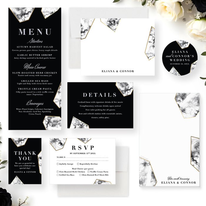 Black Wedding Invitation with Marble Geometric Design