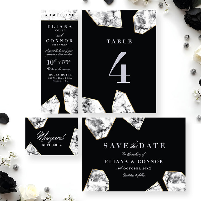 Black Wedding Invitation with Marble Geometric Design