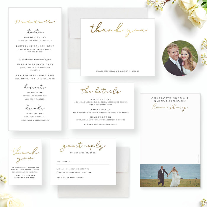 Personalized Wedding Photo Invitation Elegant Gold Typography