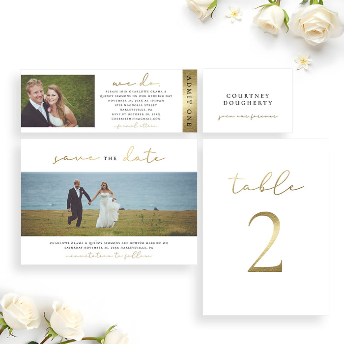 Personalized Wedding Photo Invitation Elegant Gold Typography