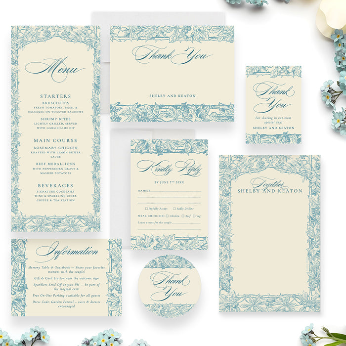 Vintage Blue Botanical Wedding Invitation with Floral Frame