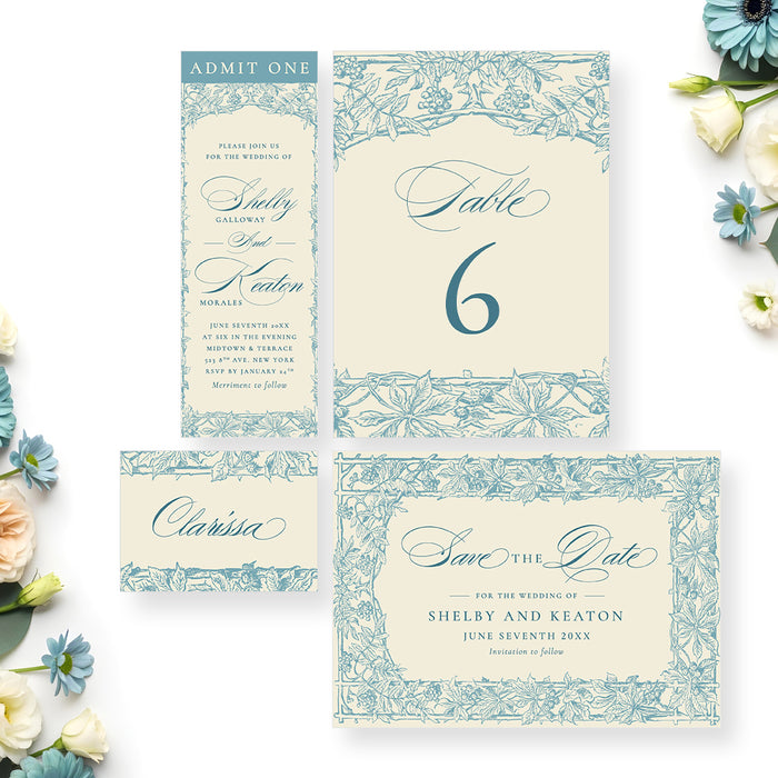 Vintage Blue Botanical Wedding Invitation with Floral Frame