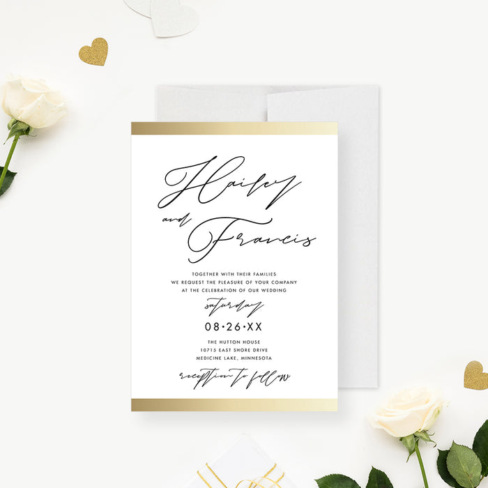 Personalized invitation featuring elegant script typography and a minimalist style, designed for a wedding ceremony and reception celebration.-front