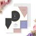 Modern geometric wedding invitation with blush, gold, and lavender accents-front-back