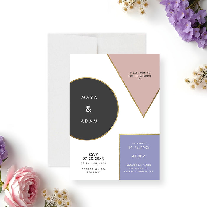 Modern geometric wedding invitation with blush, gold, and lavender accents-front