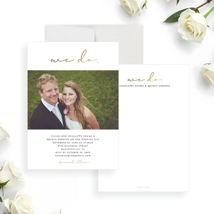 Wedding invitation with gold typography, featuring a couple's portrait and personalized wedding details.-front-back