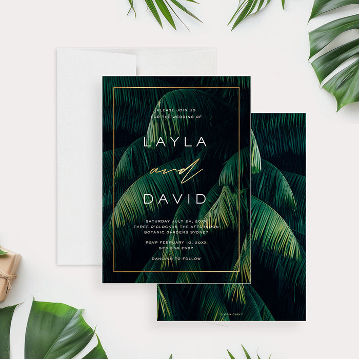 Elegant tropical wedding invitation featuring botanical palm leaves and a gold frame-front-back