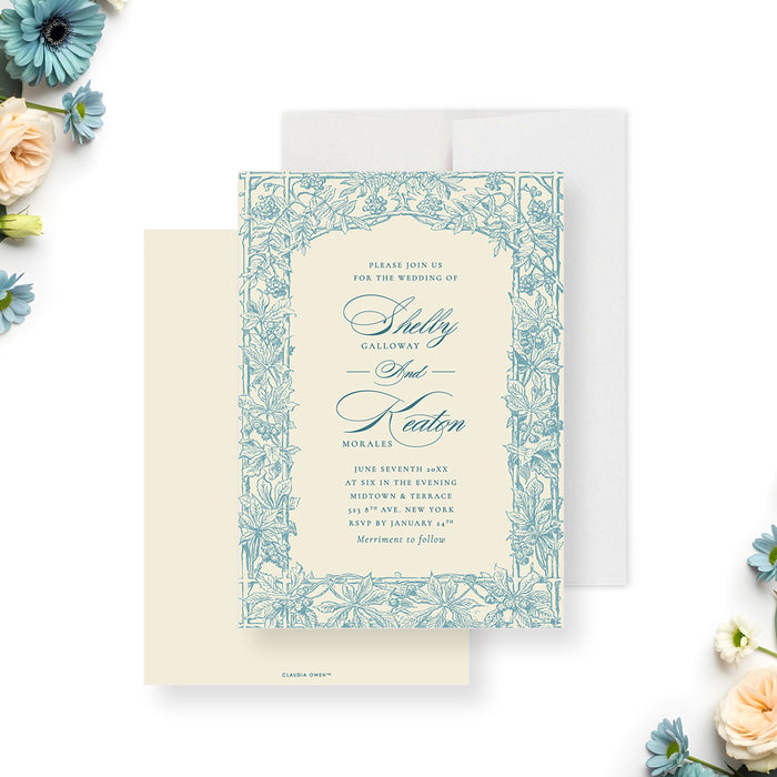 Vintage blue floral wedding invitation with botanical border and elegant typography on an ivory background-front-back