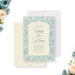 Vintage blue floral wedding invitation with botanical border and elegant typography on an ivory background-front-back