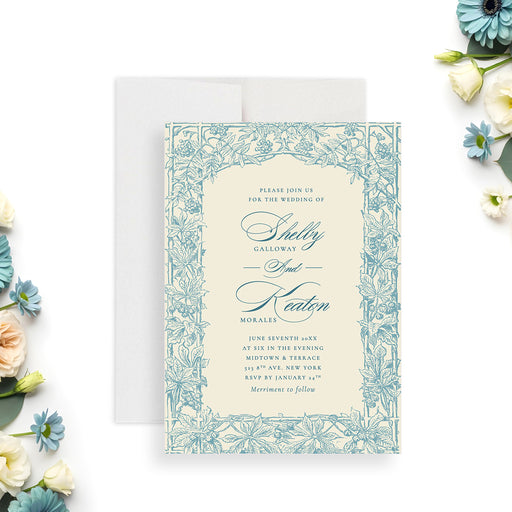 Vintage blue floral wedding invitation with botanical border and elegant typography on an ivory background-front
