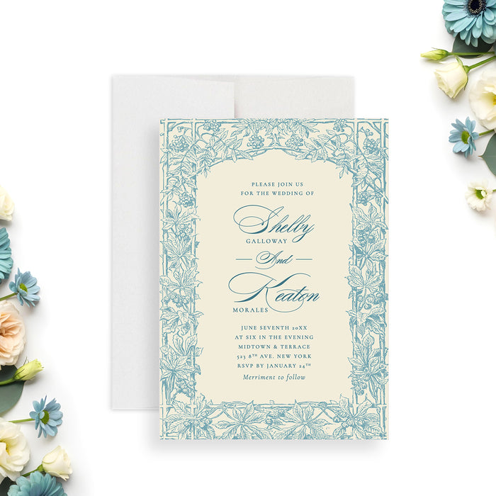 Vintage blue floral wedding invitation with botanical border and elegant typography on an ivory background-front
