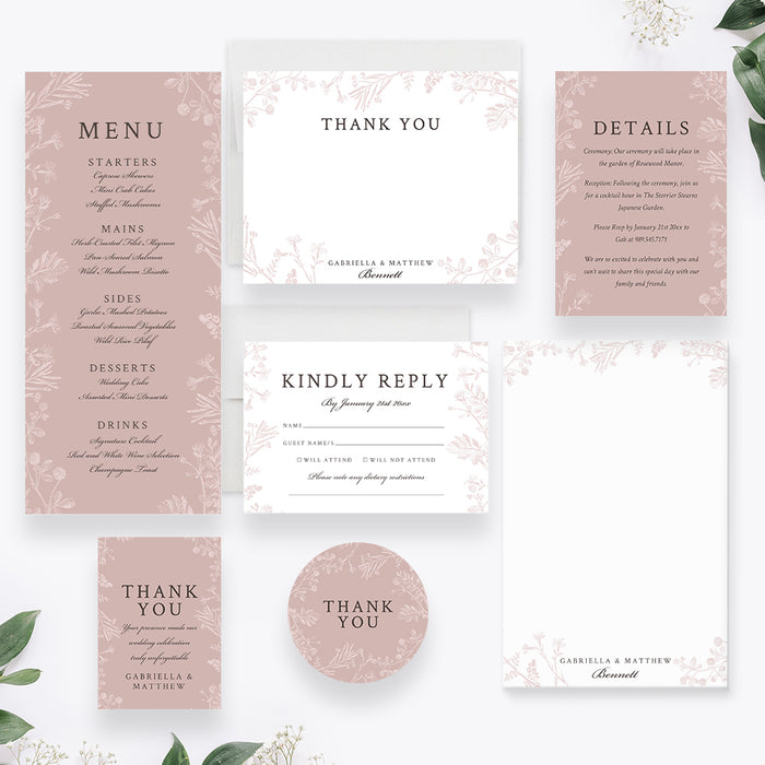 Blush Pink Floral Wedding Invitation, Customizable Garden Wedding Invites, Spring Wedding Stationery Set