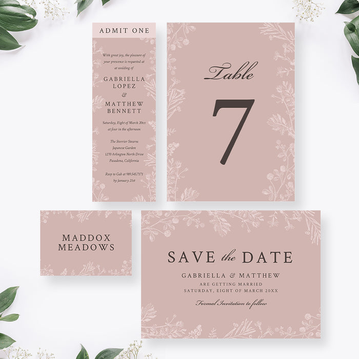 Blush Pink Floral Wedding Invitation, Customizable Garden Wedding Invites, Spring Wedding Stationery Set