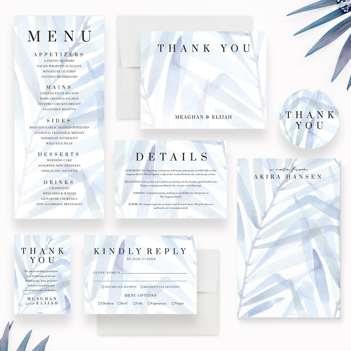 Wedding Invitation with Dusty Blue Foliage, Soft Hues Nature Wedding Invitations with Watercolor Leaves, Serene Tropical Wedding Invites