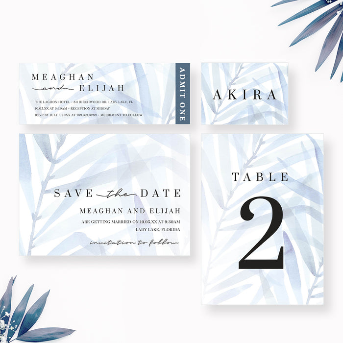 Wedding Invitation with Dusty Blue Foliage, Soft Hues Nature Wedding Invitations with Watercolor Leaves, Serene Tropical Wedding Invites