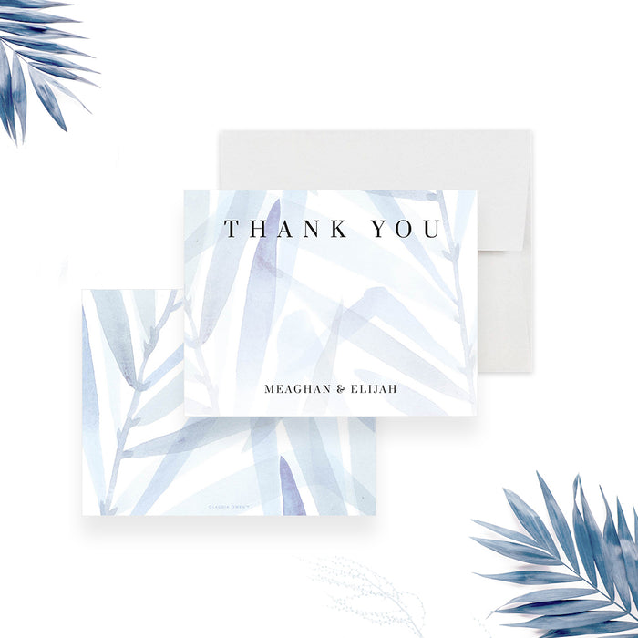 Modern Wedding Note Card with Dusty Blue Foliage, Custom Gift for Newlyweds, Tropical Wedding Thank You Card with Watercolor Leaves