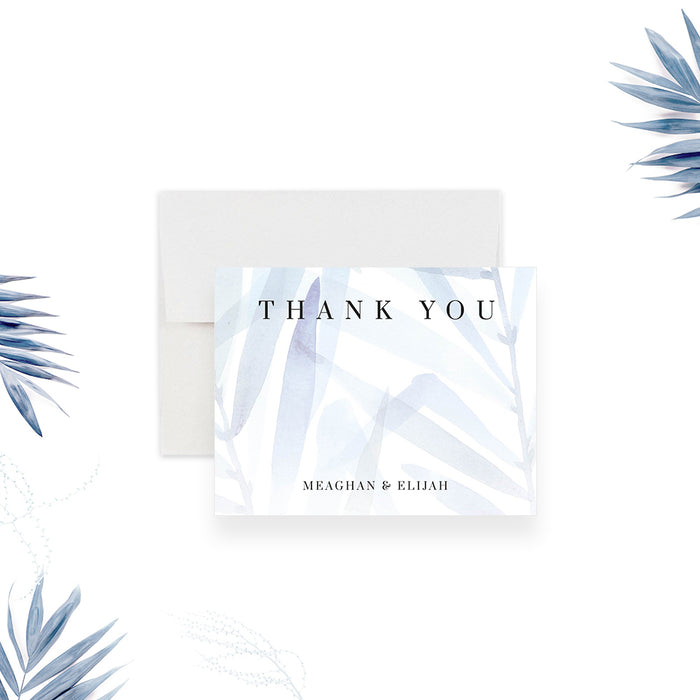 Modern Wedding Note Card with Dusty Blue Foliage, Custom Gift for Newlyweds, Tropical Wedding Thank You Card with Watercolor Leaves