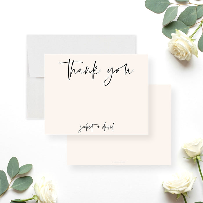 Neutral beige wedding thank you card with script font and minimalist design-front-back