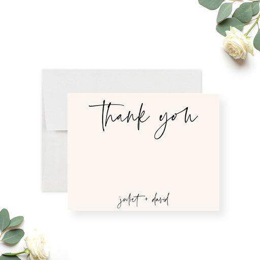 Neutral beige wedding thank you card with script font and minimalist design-front