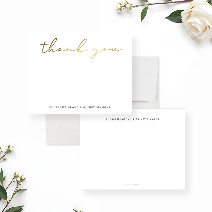 Personalized wedding thank you card with gold script typography on white cardstock-front-back
