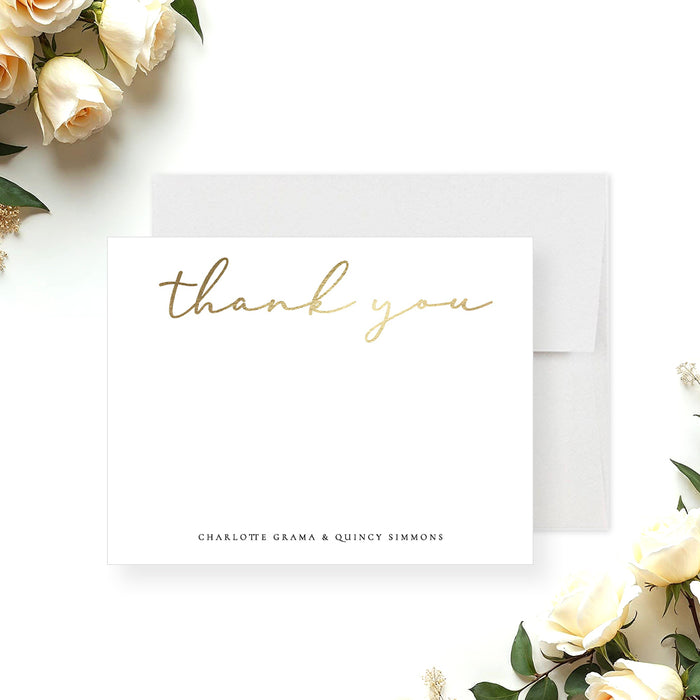 Personalized wedding thank you card with gold script typography on white cardstock-front